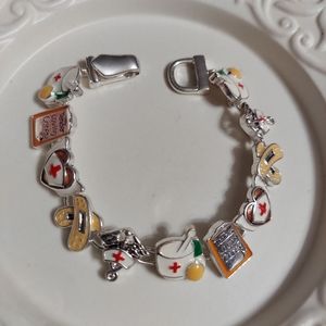 Textured Silver Tone/Nurse's Enamel Medical Charm Bracelet